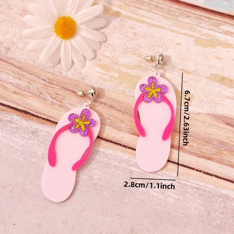 KUGUYS Pink Flip Flop Sandals Flower Dangle Earrings | Summer Beach Acrylic Jewelry Accessories for Women