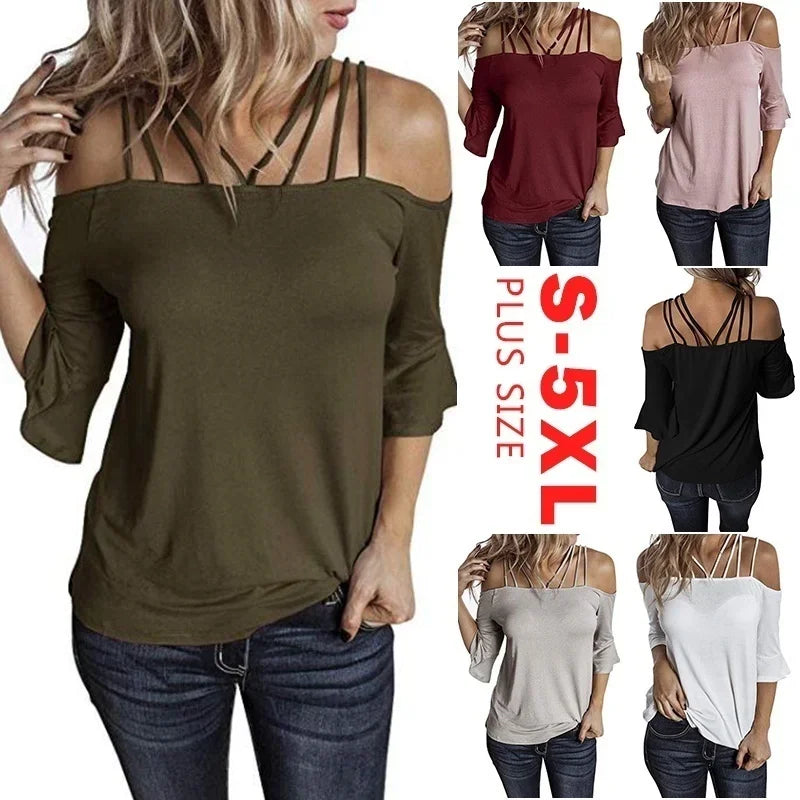 Summer Fashion Off-The-Shoulder Sling Top - Short Sleeve, Loose Fit, Solid Color, Sexy T-Shirt for Women