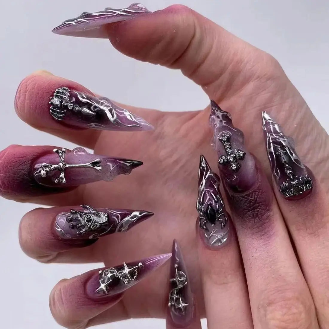 Halloween Cool Spice Style Spider Skull False Nails Purple Halo Dyeing Detachable Finished Fake Nails Press on Nail with Glue