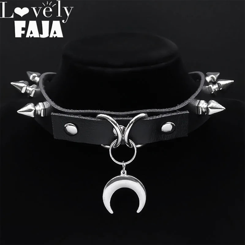 Punk Crescent Moon Harajuku Choker Goth Rivet Necklace Stainless Steel Pendant Pu Leather Chain Gothic Black Necklace Jewelry