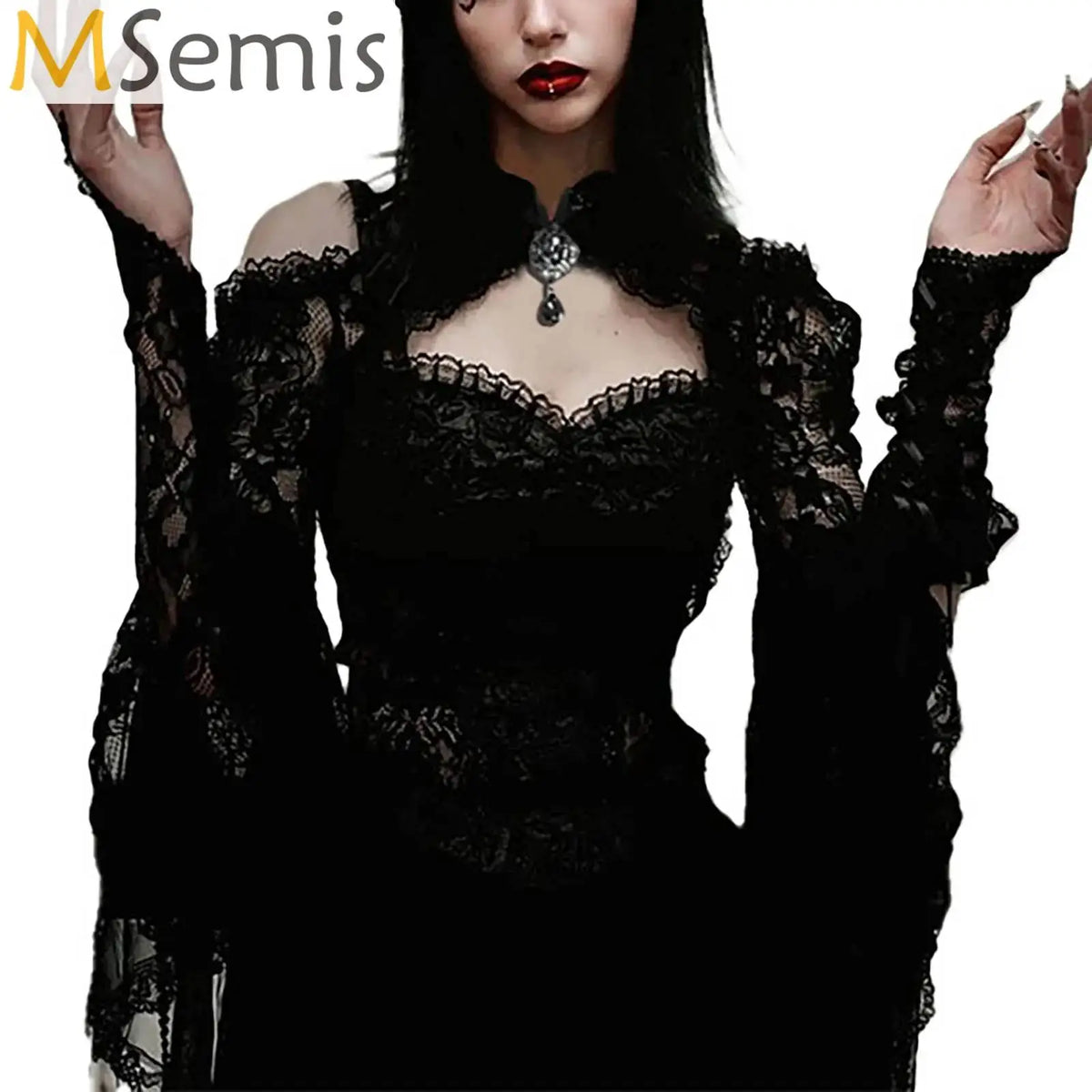 Gothic See-Through Shrug - Black Flare Sleeve Crop Top for Women, Grunge Aesthetic Vintage Punk Streetwear