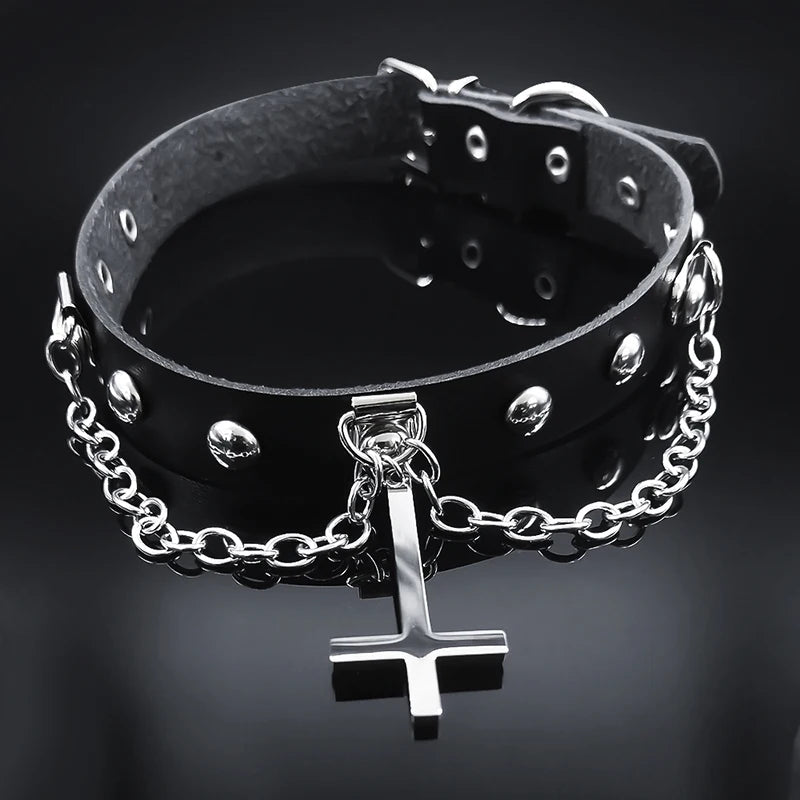 Harajuku Choker Gothic Peter's Cross Necklace - Stainless Steel with PU Leather, Anime Cosplay Jewelry Gift