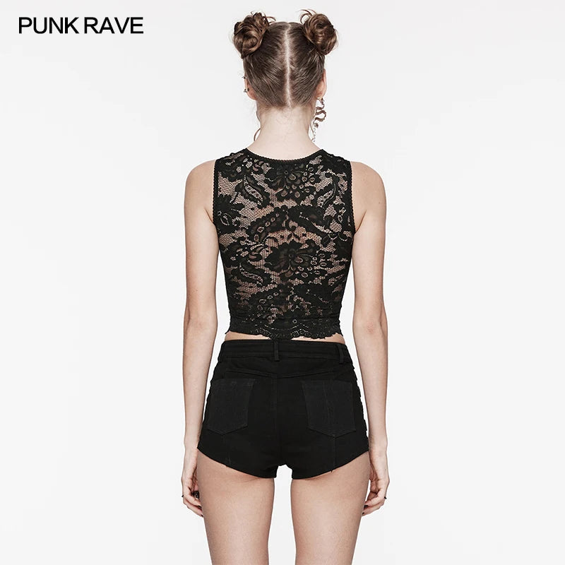 PUNK RAVE Women's Gothic Lace Tank Top – Sexy Slim Fit Hollowed Black Vest for Summer