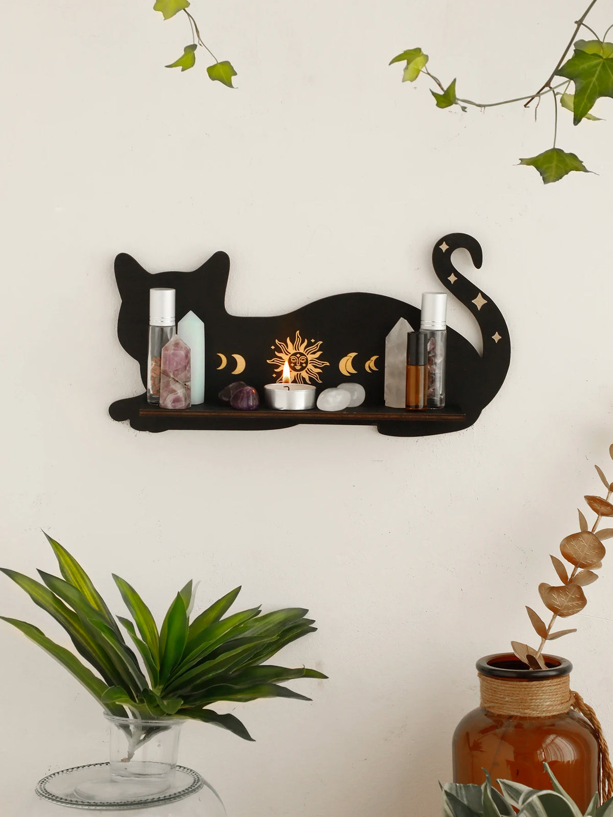 Black Cat Wooden Shelf - Moon Phase Chakra Crystal Display Stand, Gothic Witch Home Decor for Bedroom