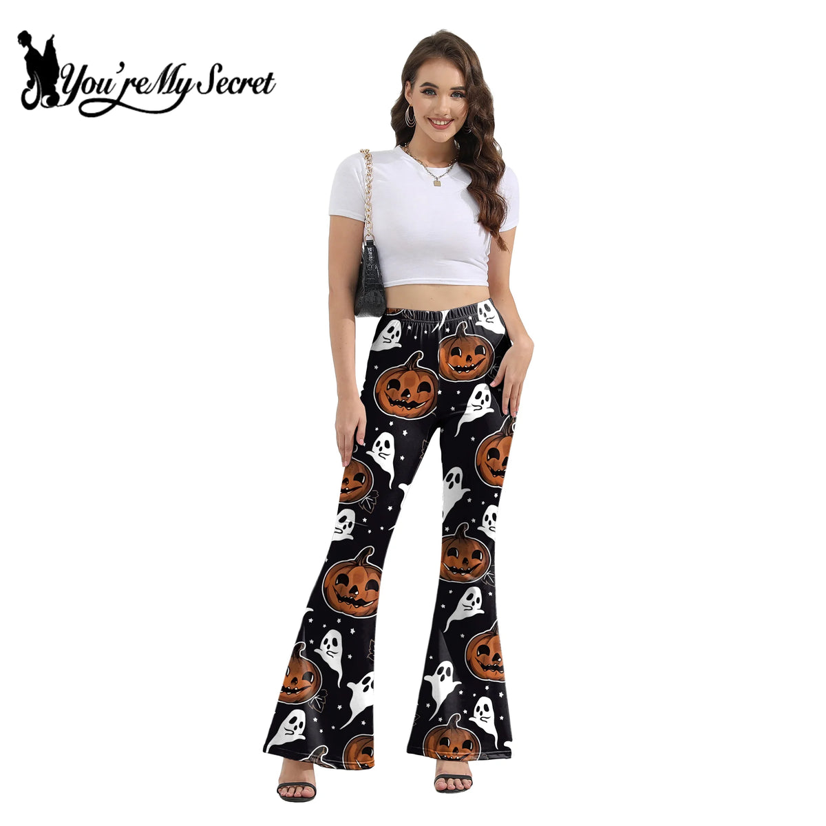 [You're My Secret] Women's Slim Pants Casual Bell Bottoms High Waist Flare Trousers Halloween Style Printed Trousers Female