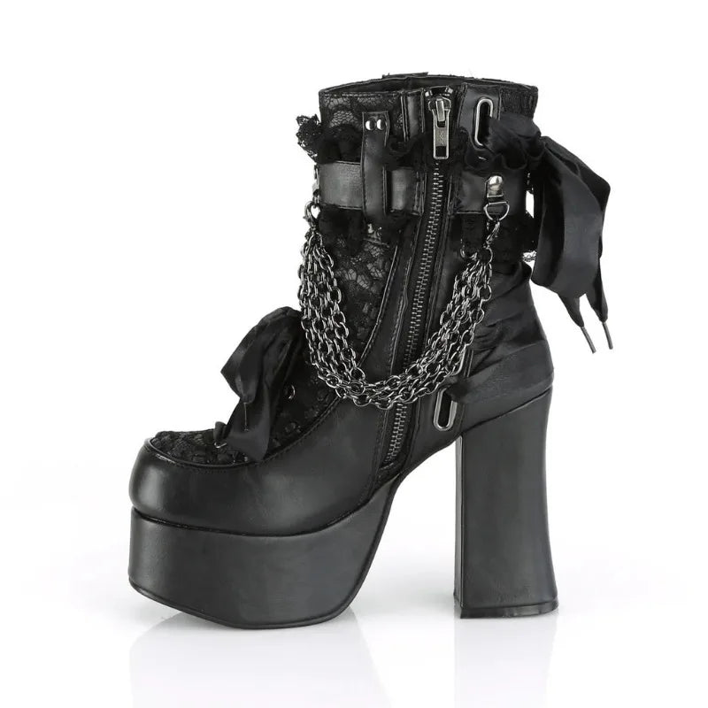 Gothic Chain Lace-Up Bow Short Boots – Retro Round Toe Chunky Platform Ankle Boots for Women, Punk Party Shoes