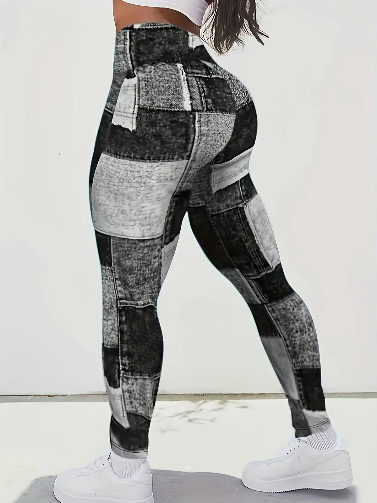 Women’s Plus-Size Printed Plaid Spliced Yoga Leggings - High-Waisted Slim Exercise Pants