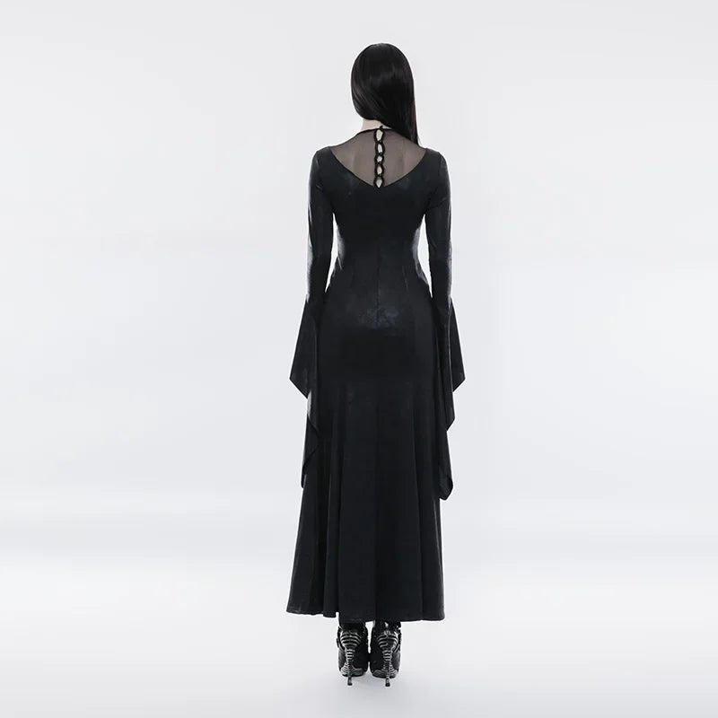 PUNK RAVE Gothic High Cross Split Long Dress - Vintage Lace Knit Mesh Hem with Collar Buttons in Black