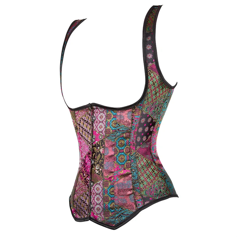 Steel-Boned Underbust Corset – Plus Size Waist Trainer with Straps, Steampunk Design, Gothic Style, Lace-Up Back, and Striped Detail