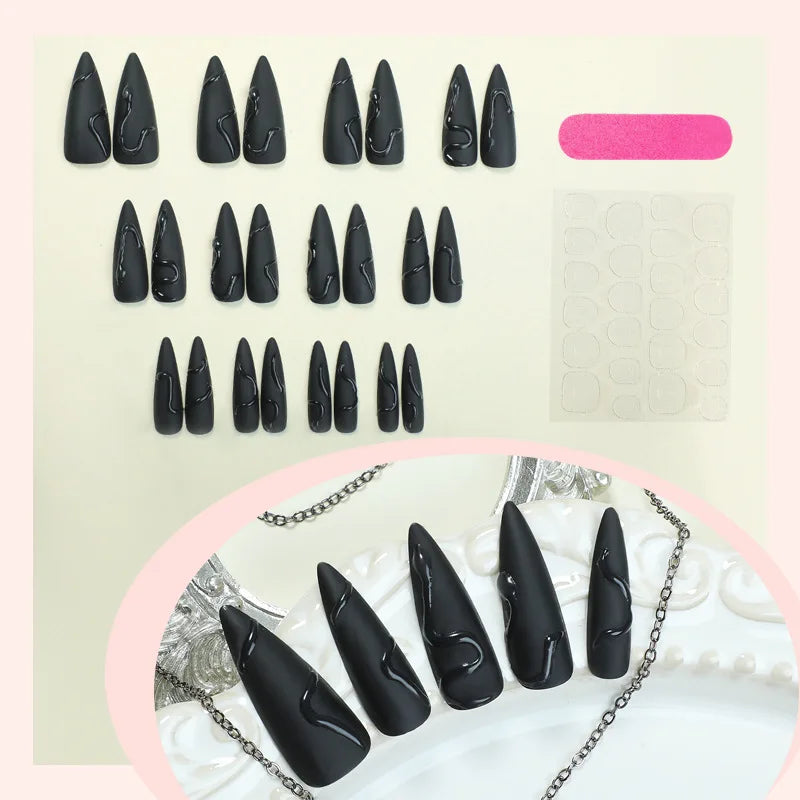 24pcs Halloween Dark Scrub Press-On Nails – Long Pointy Stiletto 3D Black Snake Design, Wearable Y2K Fake Nails