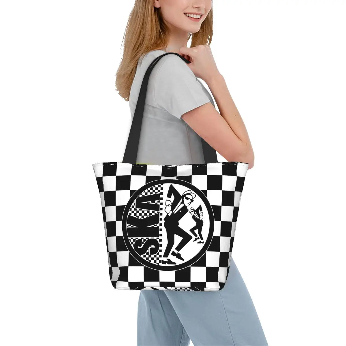 2 Tone Ska-Rock Revival Tote Bag – Women's Top Handle Checkered Handbag with Zipper Opening, Rocksteady Punk Rock Music Style