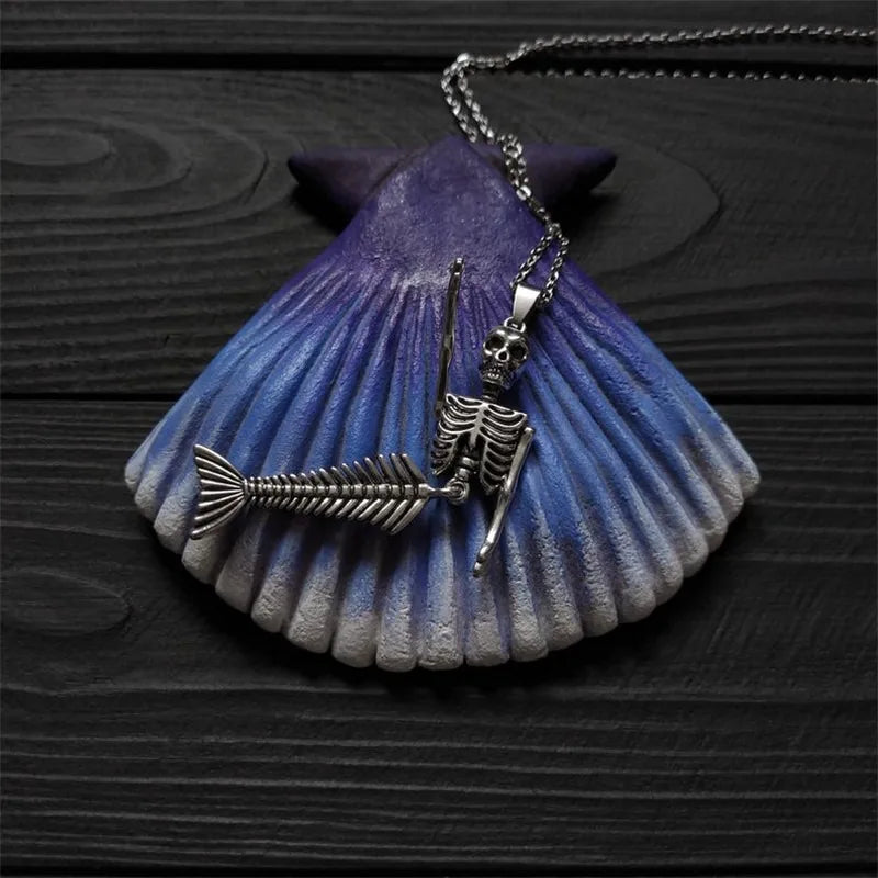 Gothic Skull Necklace with Mermaid Fish Tail Pendant | Punk Fashion Jewelry Set for Halloween Gift