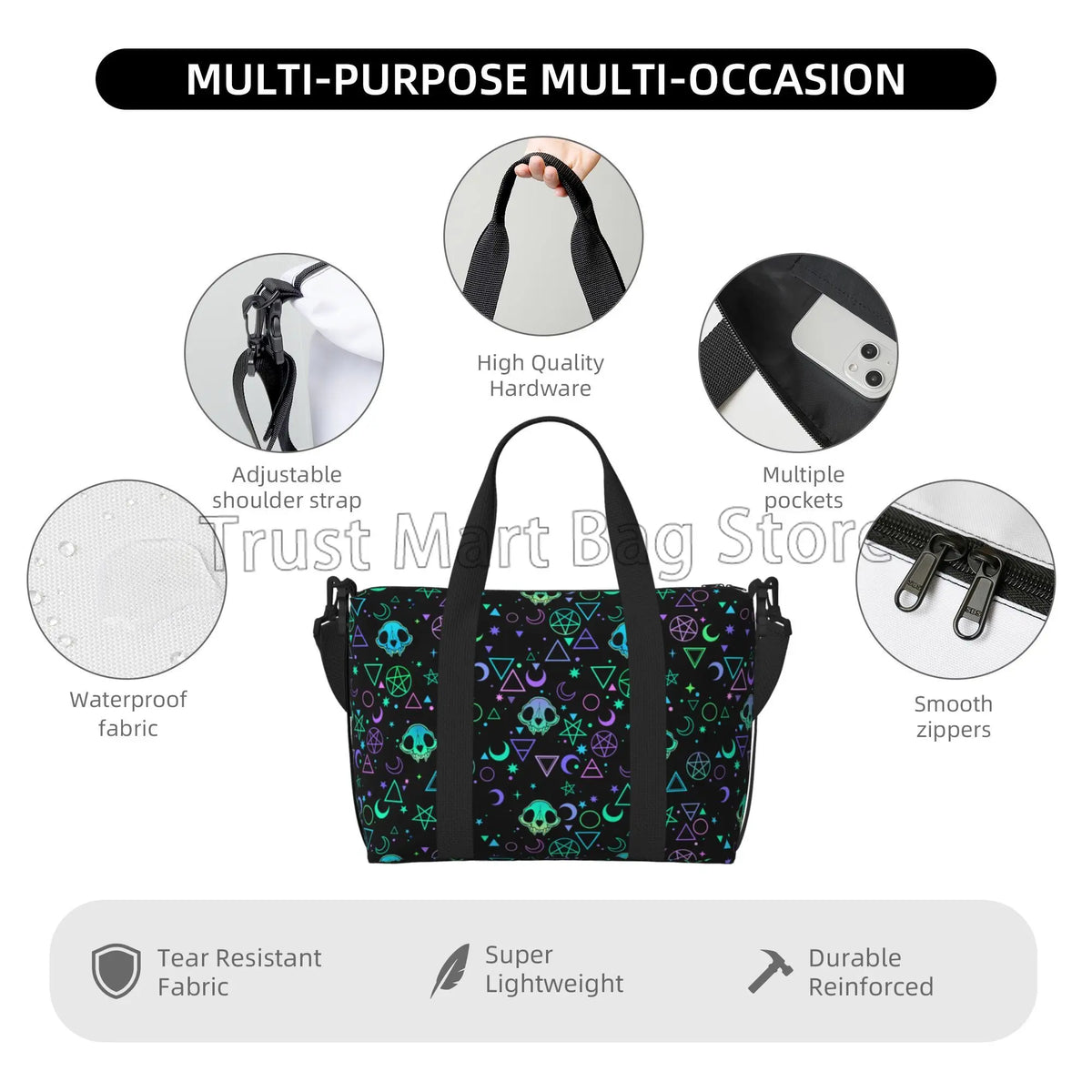 Magic Skulls Print Hand Travel Bag Multipurpose Weekender Overnight Bags Unisex Casual Waterproof Sports Gym Yoga Luggage Bag