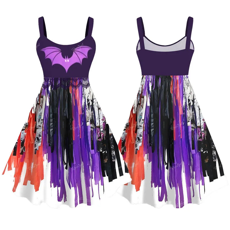 Plus Size Halloween Graphic Tank Dress - Bat Wing Applique Ribbon Tassel 3D Printed Women’s Casual Dress