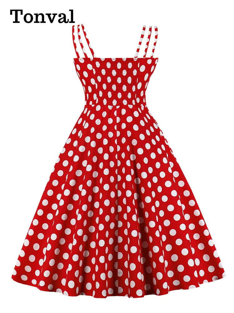 Tonval Retro Style Polka Dot Bow Front Spaghetti Strap Party Swing Dresses Women 2022 Summer Shirred Back Vintage Cotton Dress