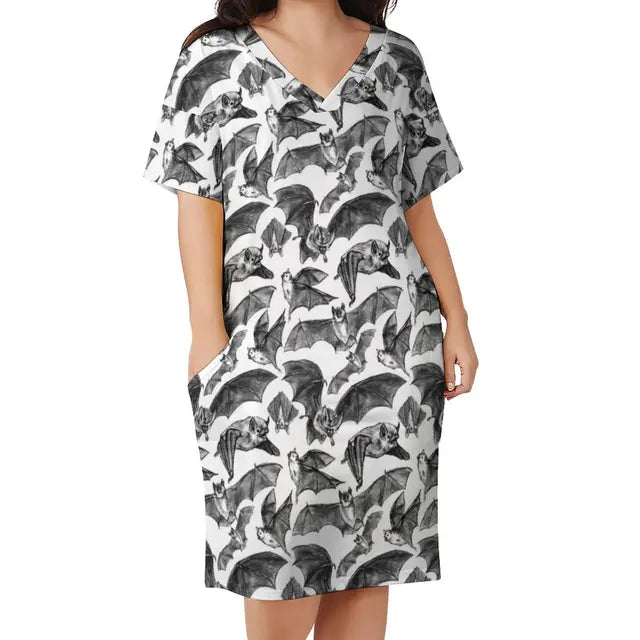 Goth Bat Dress Plus Size Cute Skull Print Korean Fashion Casual Dress Female Spring V Neck Stylish Dresses Gift Idea