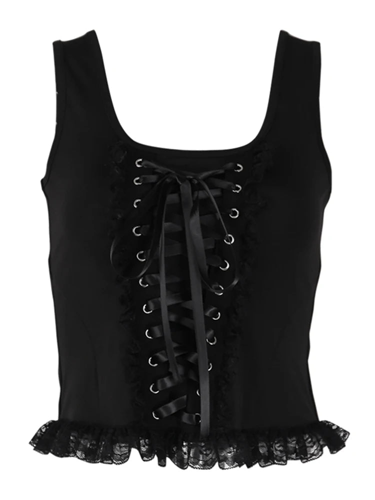 AltGoth Goth Punk Sexy Camis Women Lace Up Strapless Square Collar Lace Patchwork Slim Bodycon Vest Ins Dark Black Crop Tank Top