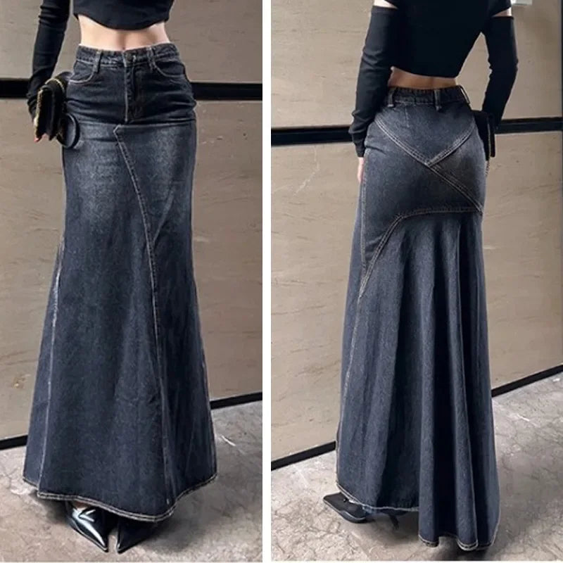 2023 Autumn New Vintage High-waisted Denim Skirt Women's Hip-hugging Long Skirt Split-line Flared Design Female Fashion