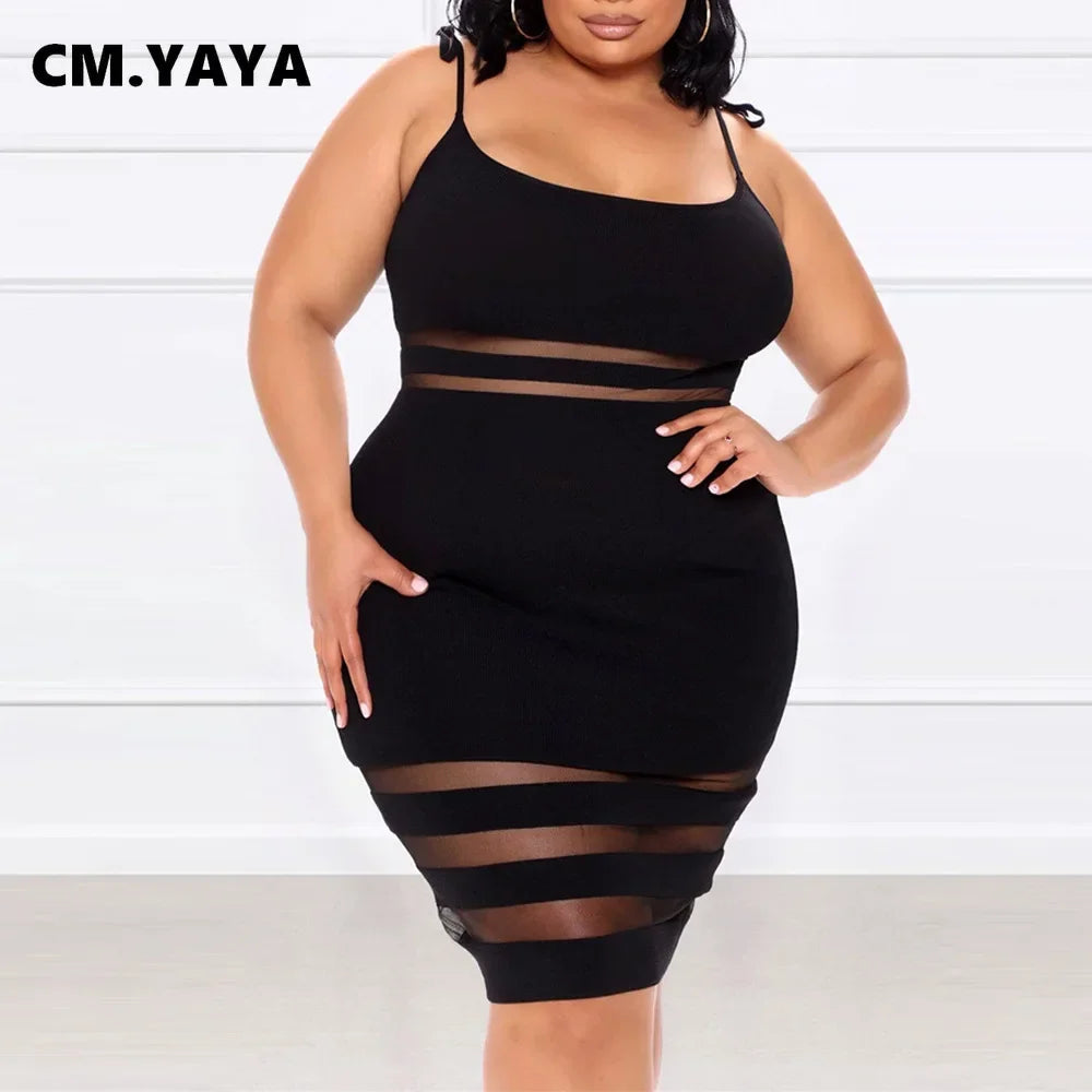 CM.YAYA Plus Size Mesh Patchwork Bodycon Dress – Sexy Night Party Clubwear, Spaghetti Strap Sleeveless Midi Pencil Dress