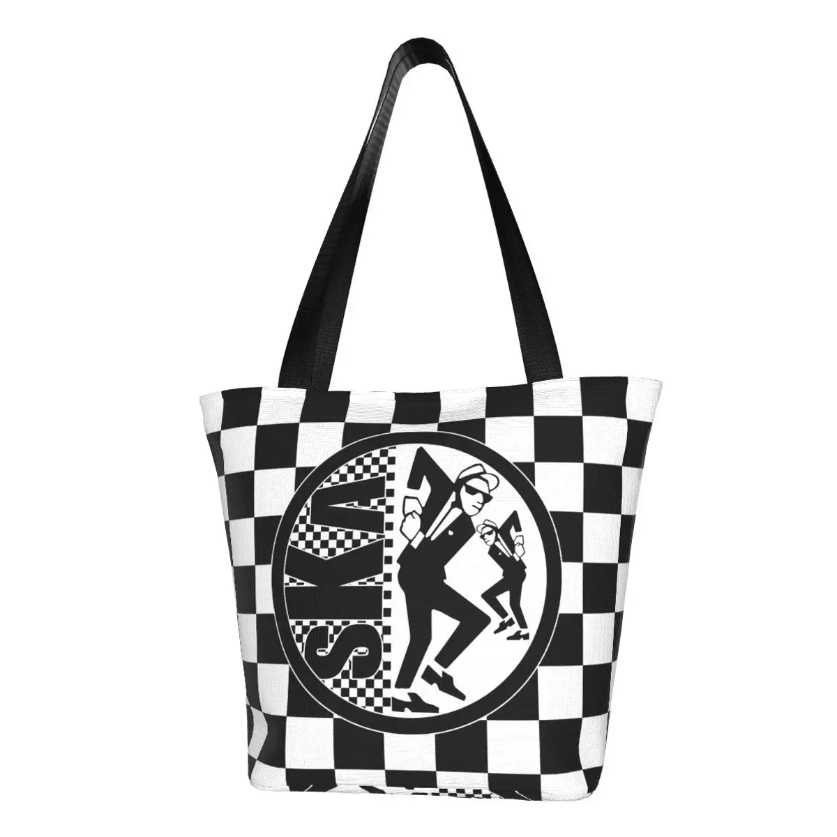 2 Tone Ska-Rock Revival Tote Bag – Women's Top Handle Checkered Handbag with Zipper Opening, Rocksteady Punk Rock Music Style