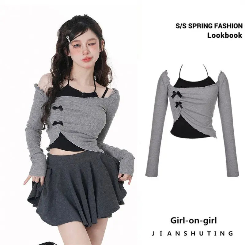 Y2K Grey Two-Piece Set - Spicy Girl Top with Slim Sexy Hot-Sweet Women's Short Shirt, Off-Shoulder Long-Sleeved T-shirt with Hanging Neck Bow