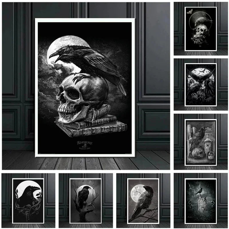 Classic Nordic Gothic Wall Art - Horror Raven Dark World HD Oil on Canvas Posters and Prints for Living Room, Bedroom, Street Decor Gift