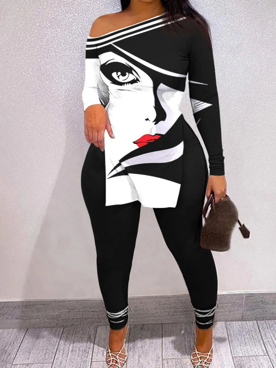 LW Plus Size Two-Piece Set – Figure Print Striped Split Pants with One-Shoulder Long Sleeve Top, Sexy Women’s Streetwear Suit