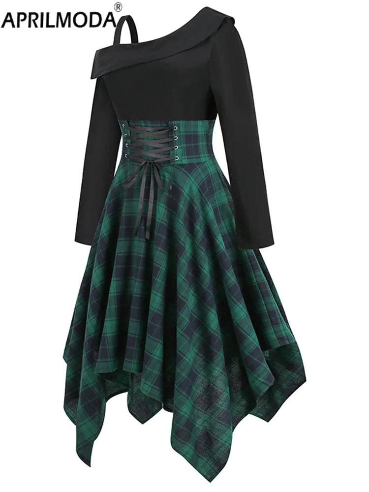 Asymmetrical Plaid Patchwork Dress – Women’s Gothic Grunge Aesthetic Flare Dress, Autumn Fashion