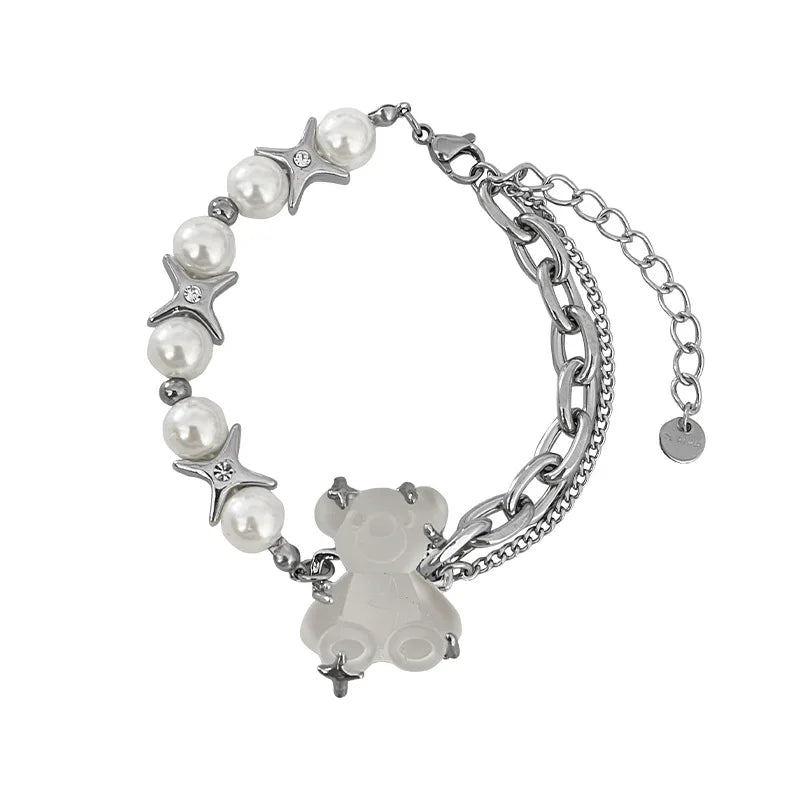 New Star-Shaped Pearl Cute Bear Bracelet - Women’s Ins Hip-Hop Style Sweet Cool Senior Sense Party Jewelry Gift