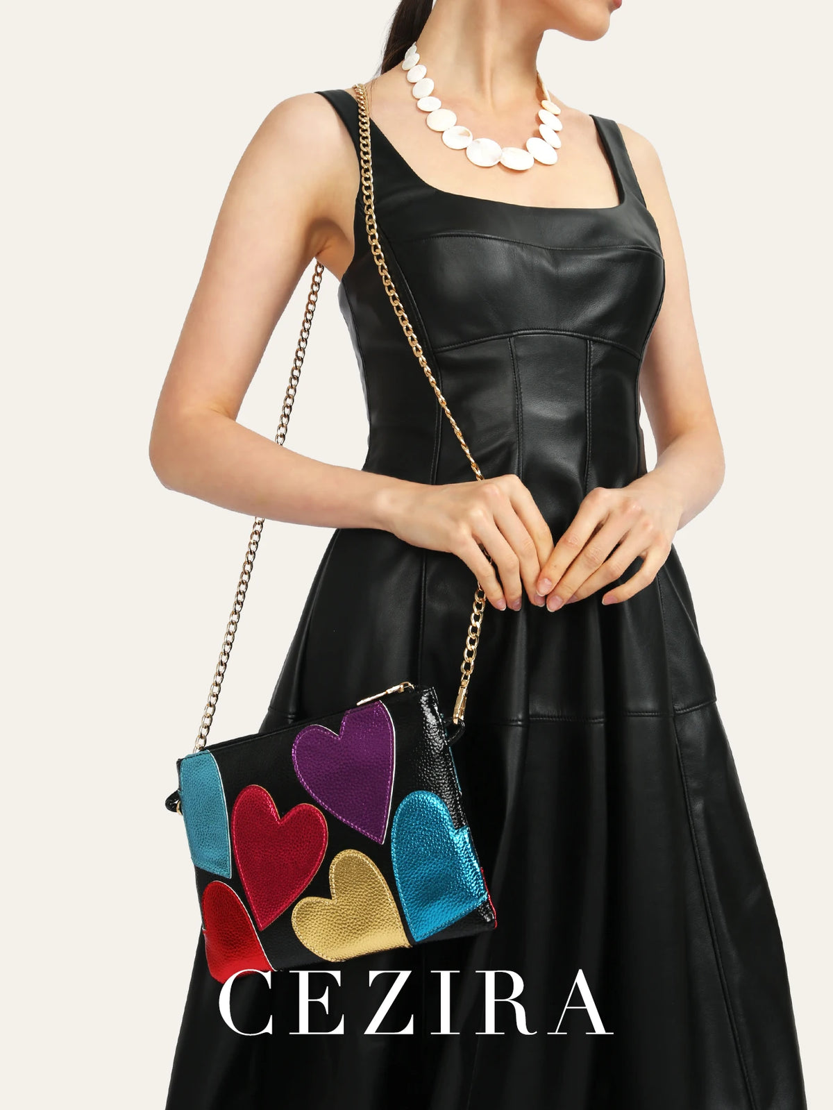 Luxury Colorful Metallic PU Leather Clutch - Sweet Hearts Pattern Square Handbag Crossbody Purse