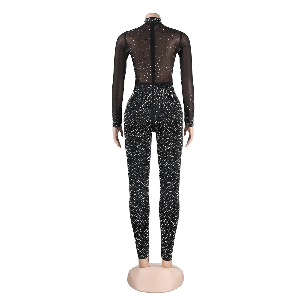 Sexy Party Jumpsuit for Women – Solid Mesh with Rhinestones, Long Sleeve Pants Jumpsuit, Clubwear & Streetwear