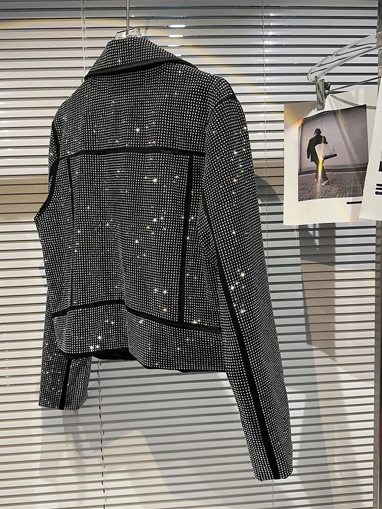 High-Quality Fall/Winter Designer Jacket - Women's Short Jacket with Diamonds and Beaded Zipper