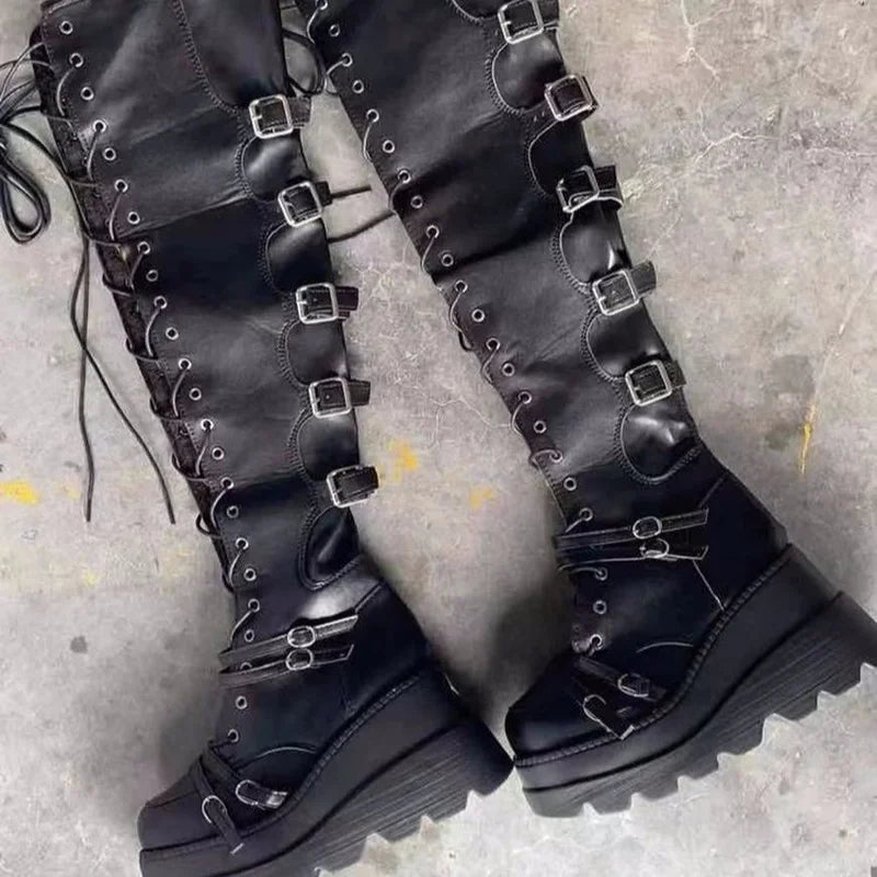 Punk Over-the-Knee Boots for Women – Platform Heels with Belt Buckle, Thigh-High Flat Motorcycle Goth Shoes