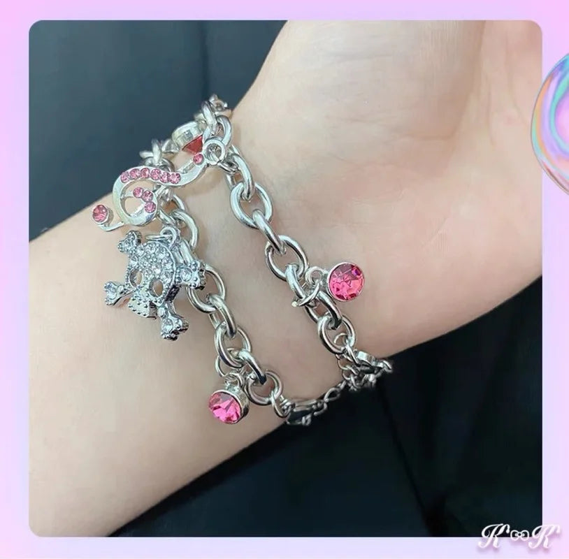 Y2K Pink Bowknot Rhinestone Skull Bracelet - Fashion Gothic Bone Thick Chain Charm for Women, Harajuku Jewelry