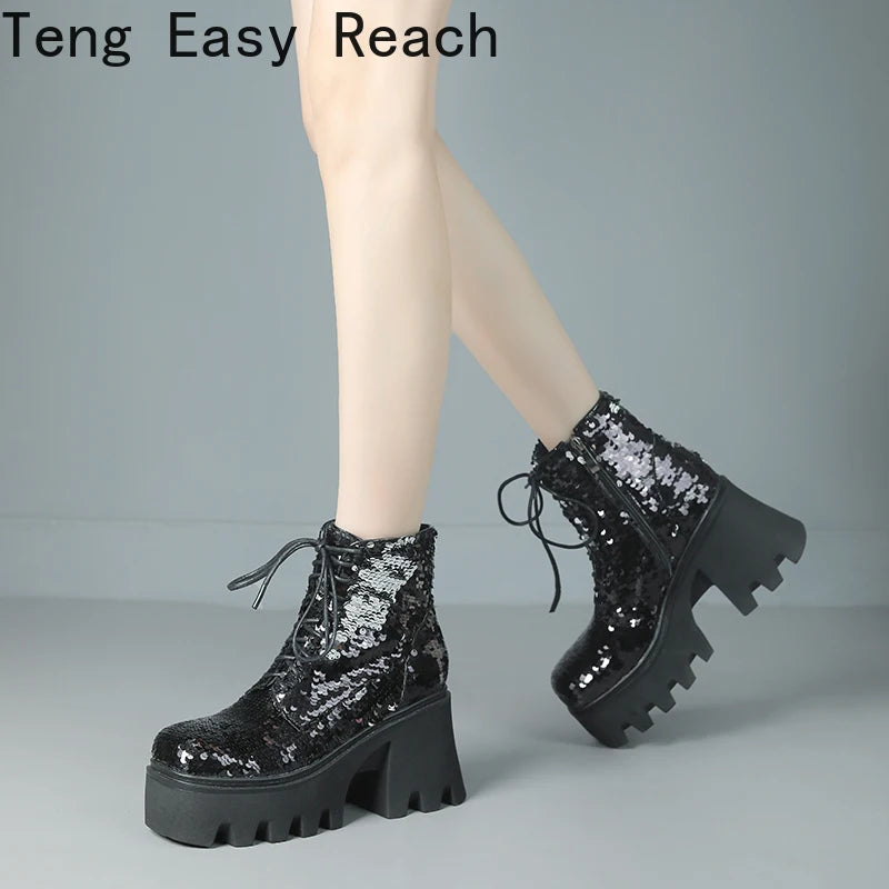 Women's Punk Platform Sequin Ankle Boots Fall/Winter Fashion Round Head Zipper Motorcycle Ankle Boots Sizes 33-43