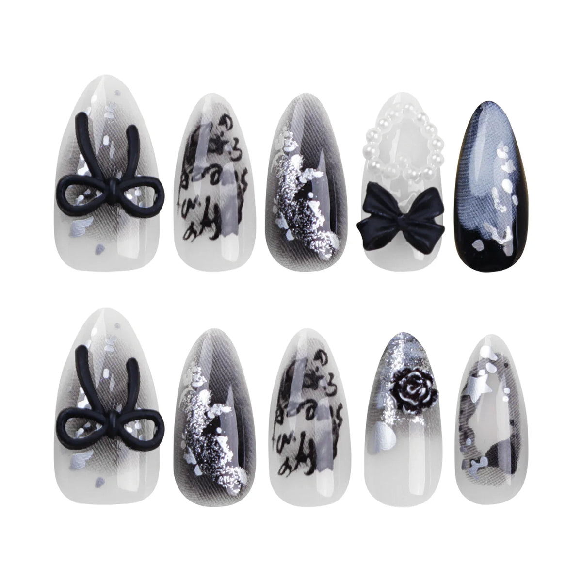 24Pcs Elegant Black Almond Press-On Nails – Glossy Finish, Short Length with Pearl Heart & Bow Accents, Wearable False Nails for Women