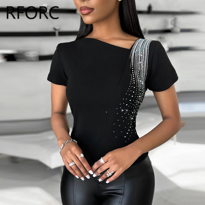 2024 Women Short Sleeves Rhinestone Decoration Summer Basic Blouse Top