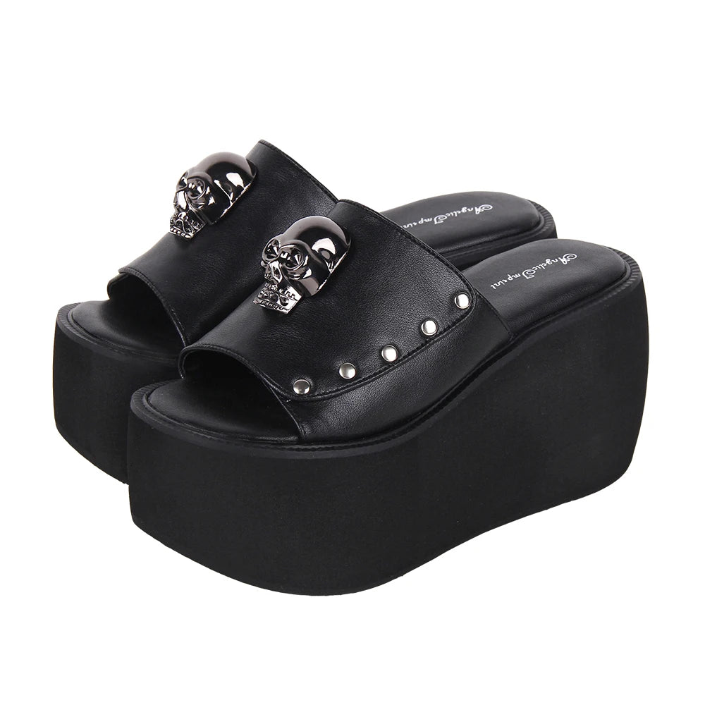 Women and Girls Lolita Punk Rock Slide Sandals - 10cm Platform Shoes with Skull Rivet Details