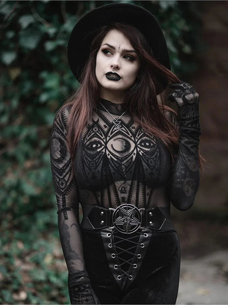 InsGoth Gothic Perspective Moon Cross Jumpsuit | Women’s Long Sleeve Sheer Mesh Skinny Bodysuit | Sexy See-Through Y2K Clothes