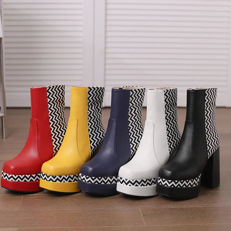 Printed Stripe Color-Matching Short Boots – Korean Style Platform Boots with Super High Thick Heels for Women