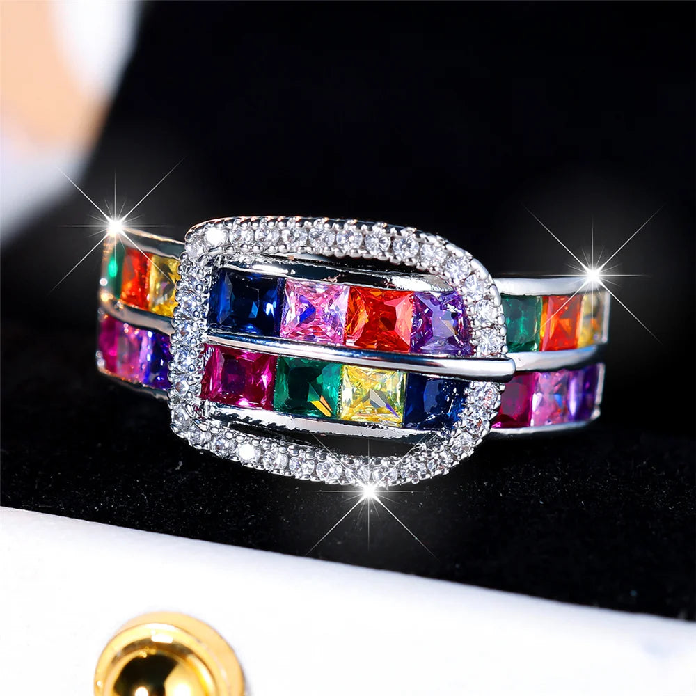 Cute Belt Buckle Female Rainbow Square Zircon Stone Adjustable Ring – Silver-Colored Jewelry for Women