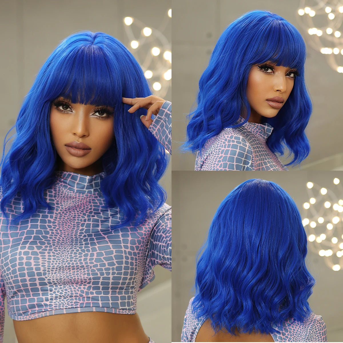 Blue Short Bob Cosplay Lolita Synthetic Wigs Water Wavy Hair Wig with Bangs for Women Natural Heat Resistant Halloween Party Use