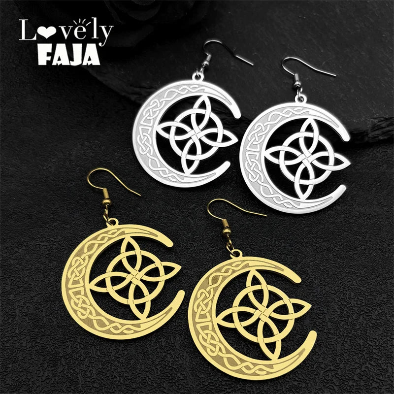 Gold Stainless Steel Crescent Moon Witch's Knot Celtic Hoop Earrings – Amulet Drop Jewelry Gift for Women