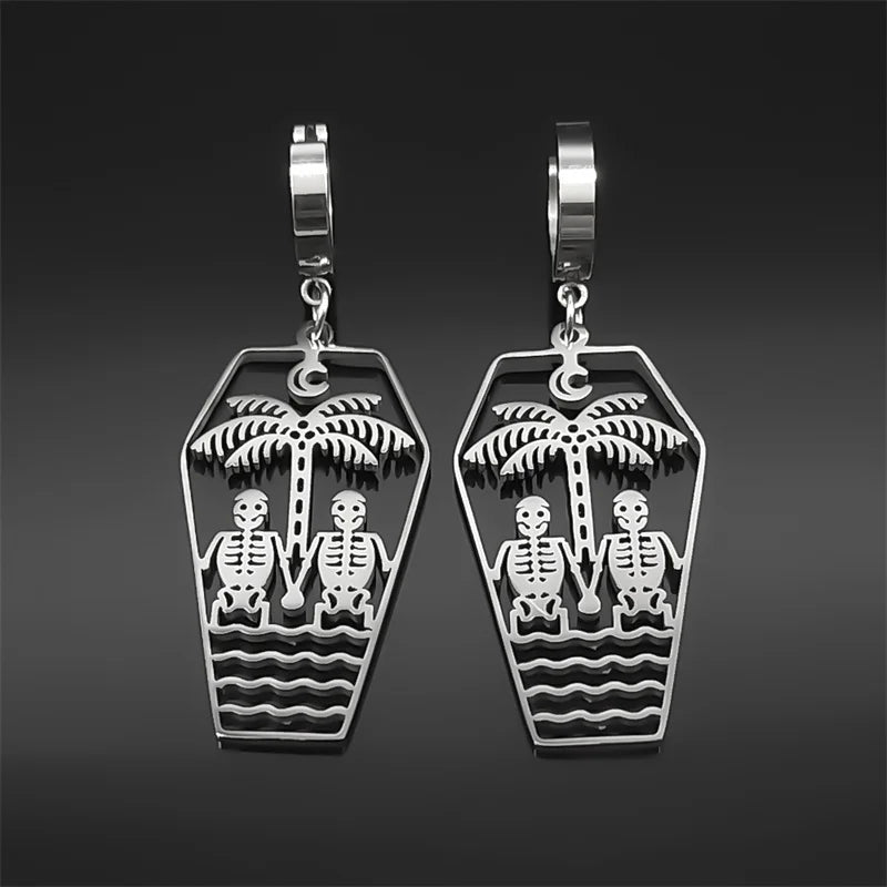 Dark Punk Coffin Skull Hoop Earrings - Stainless Steel Couple Jewelry for Men and Women