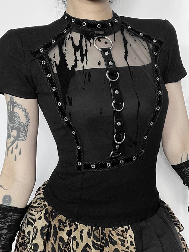 2024 Women's Gothic Hollow Rivet Top - Dark Style Basic T-Shirt