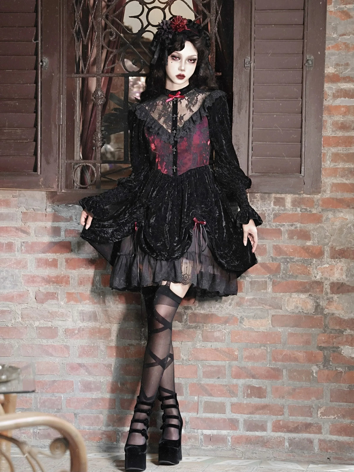 Blood Supply Original Rose Black Dress – Long Bubble Sleeve, Lace Patchwork, A-line Velvet Gothic Retro Dress for Autumn and Spring