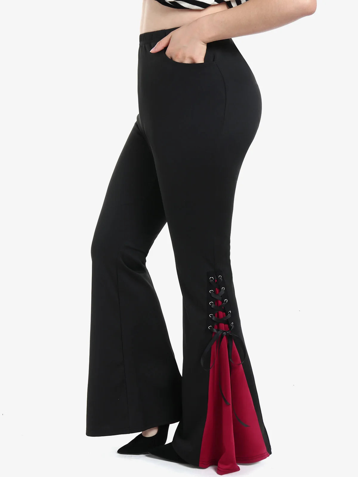 ROSEGAL Plus Size Gothic Lace-Up Flare Pants - High-Waisted Stretch Contrast Bell Bottoms for Women