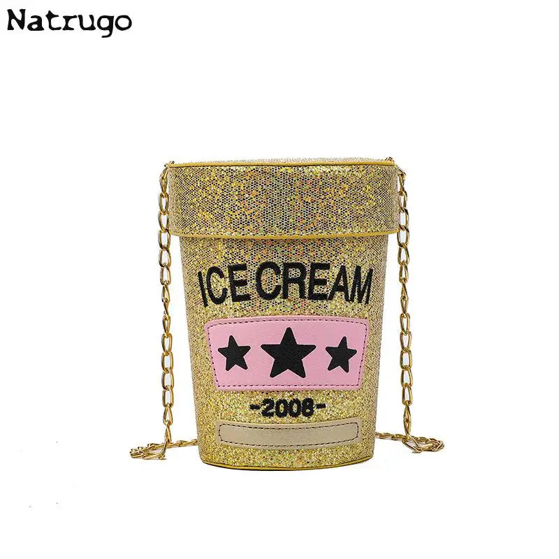 Funny Cute Cup-Shaped Shoulder Bag - Ice Cream Printed Bucket Bag, Ladies' Crossbody Messenger Purse Handbag