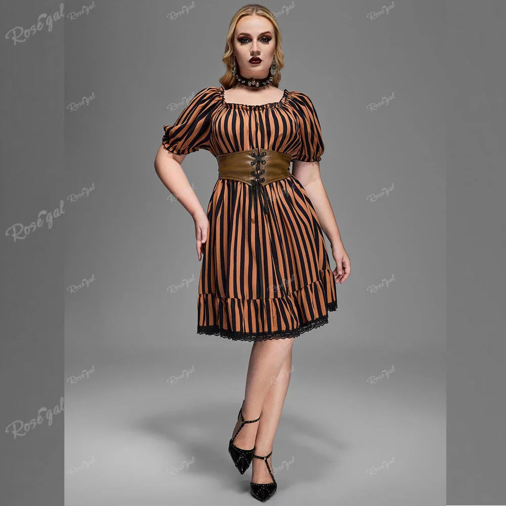 ROSEGAL Plus Size Gothic Dress with Lace-Up PU Panel Belt | Coffee Striped Puff Sleeves | Ruched Lace Trim and Ruffles