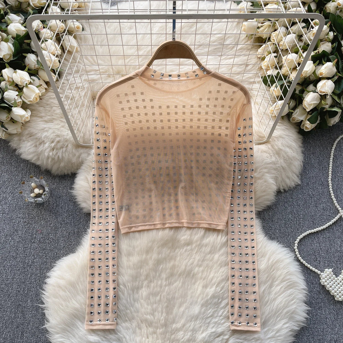 Women Chic Gauze Mesh Sheer O-neck Long Sleeve Rhinestone Perspective Solid Slim Sexy Korean T-shirt Fashion Summer Women Shirt